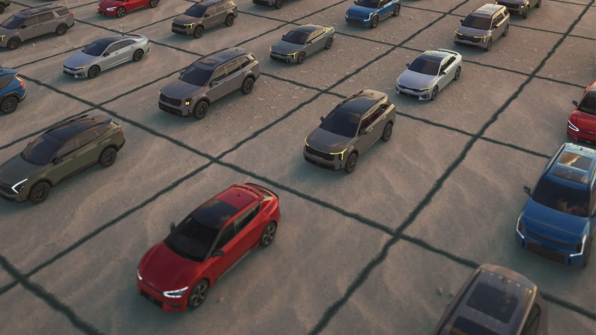 Above view of Kia cars in squares