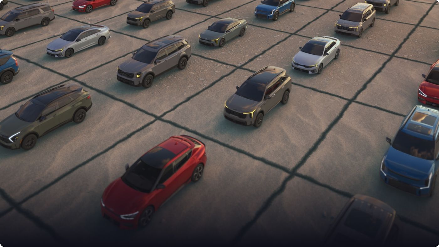 a large grid of Kia cars